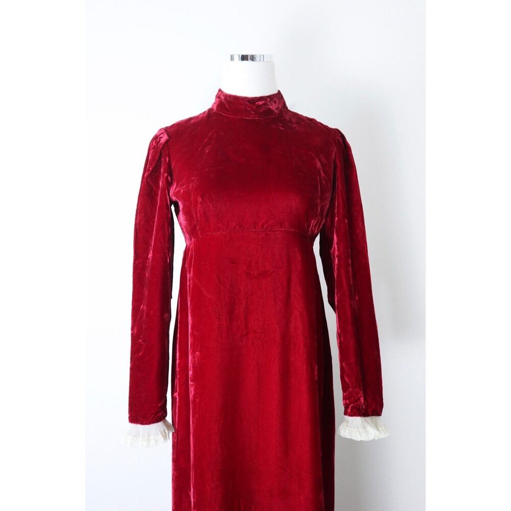 Vintage 1960s Emma Domb Victorian Revival Velvet Maxi Dress Red Lace Ruffle - Picture 2 of 12